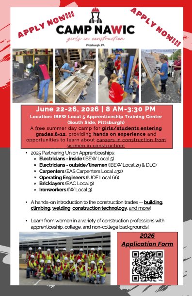 CareerCuriousTM's tweet photo. The National Association of Women in Construction (NAWIC) Pittsburgh is pleased to share that applications are now open for Camp NAWIC 2026.
Camp NAWIC is a free, week-long career exploration camp designed for young women entering 8th–12th grade who are interested in learning more about careers in construction and the skilled trades. The camp will be held June 22–26, 2026, from 8:00am–3:30pm daily, in Pittsburgh, and will provide hands-on experiences, industry exposure, and opportunities to connect with women professionals in construction-related fields.
Applications are due April 24, 2026, and space is limited.