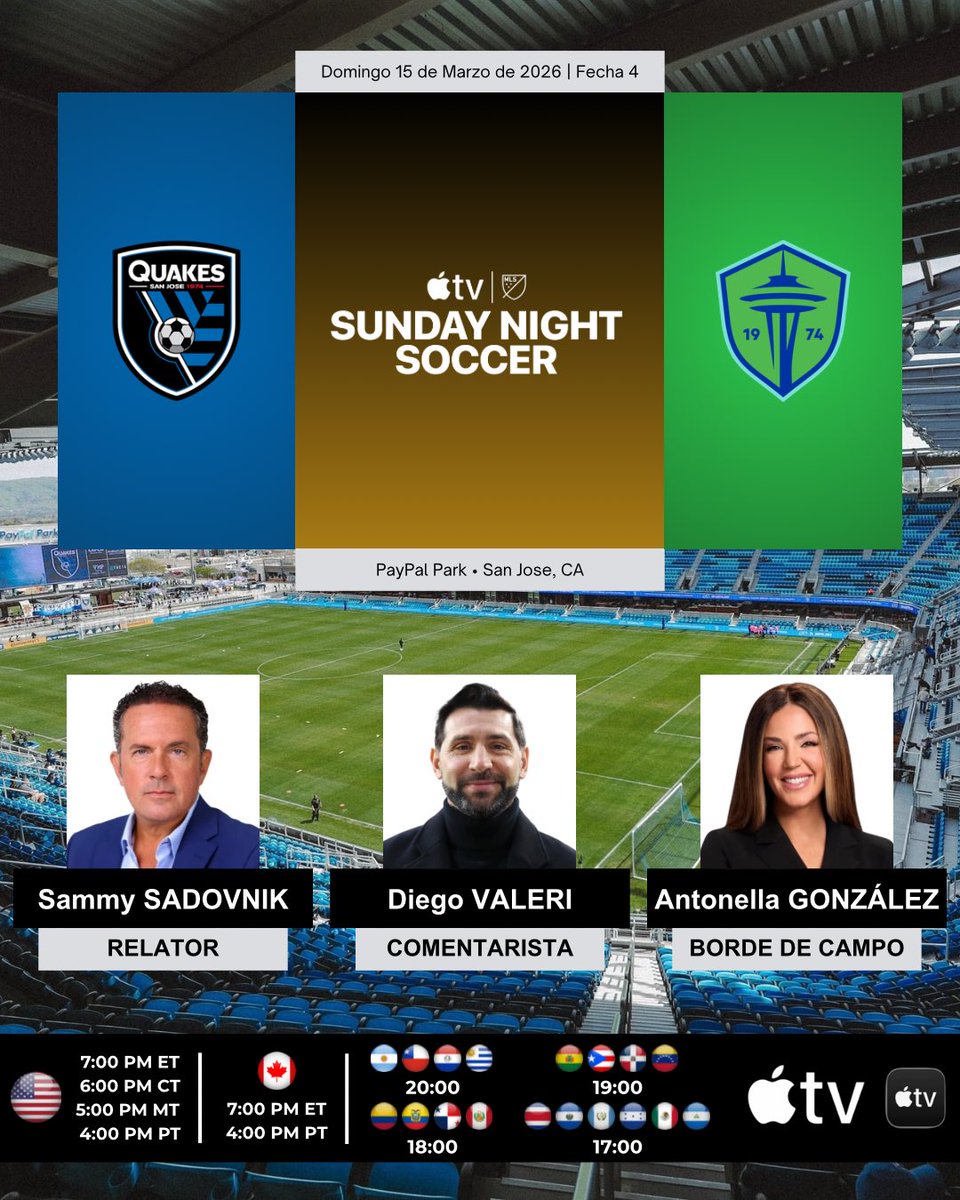 ProgramacionUS's tweet image. ⚽️ #MLS 🇺🇸 | #SanJoseEarthquakes vs. #SeattleSounders

🎙Relator: @sadovnik1965
🎙️Comentarista: @DiegoDv8
🎙️Borde de campo: @soyantosports
💻📱Suscripción a @AppleTV 🌎

#️⃣ #AppleTV - #SundayNightSoccer - #SJvSEA