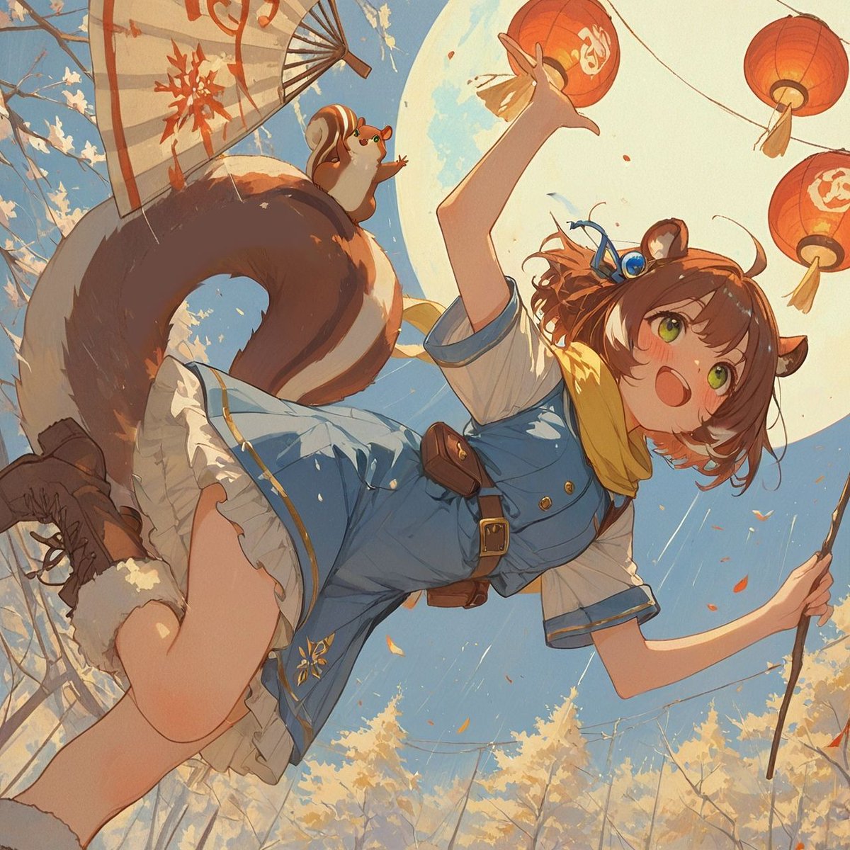 おはようございます☀️

リス子だよ！🐿️
お祭りの夜は、ぼんぼりの光より屋台の匂いの方に
ピントが合っちゃうねぇ！✨
このワクワク、しっぽがふわふわして宇宙まで飛んでいけそうだよぉ！
最高の夜食を求めて、寄り道全開でいくよっ！

#夜空の屋台  #ふわふわの夜 
#AIart