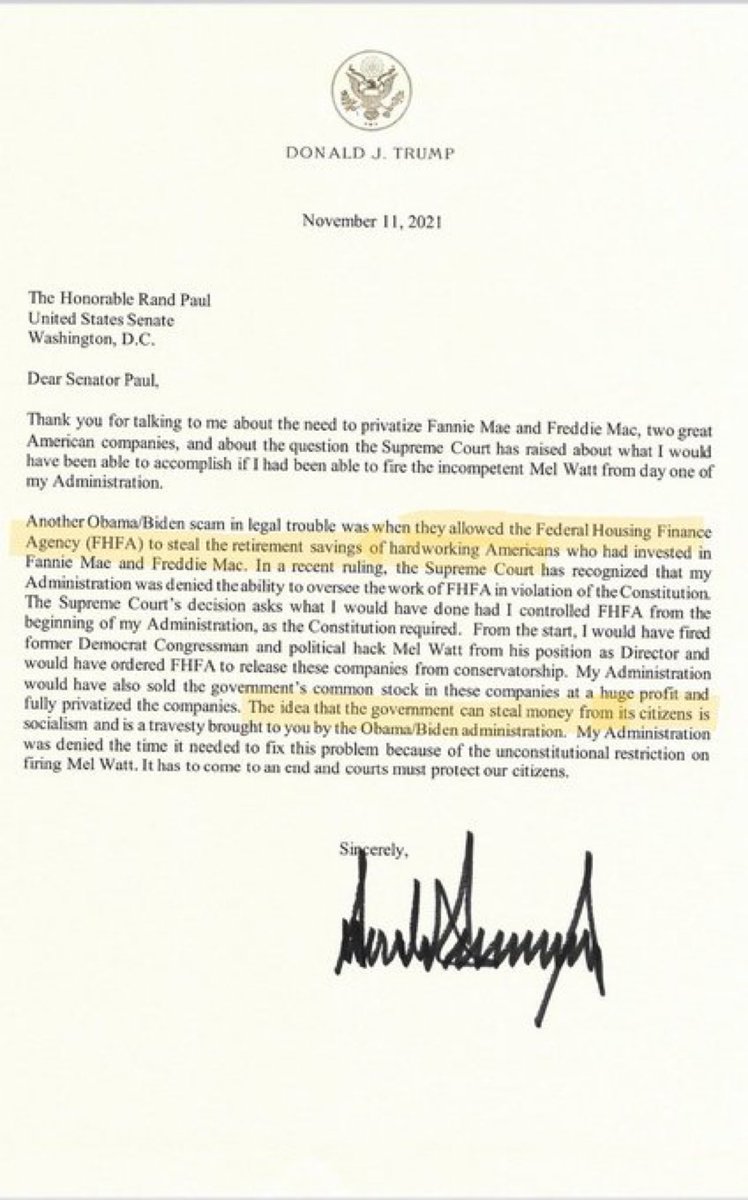 MajorAgaur's tweet photo. @TRothell62855 @RepFitzgerald If Congress, Treasury, HUD and FHFA can’t show teeth, We believe the President has thoughts on any stall tactics.  

The President has made his intentions clear in His letter about fixing and undoing the 17 1/2 year injustice towards tax-payers and shareholders alike. https://t.co/0iNUdoFdOq