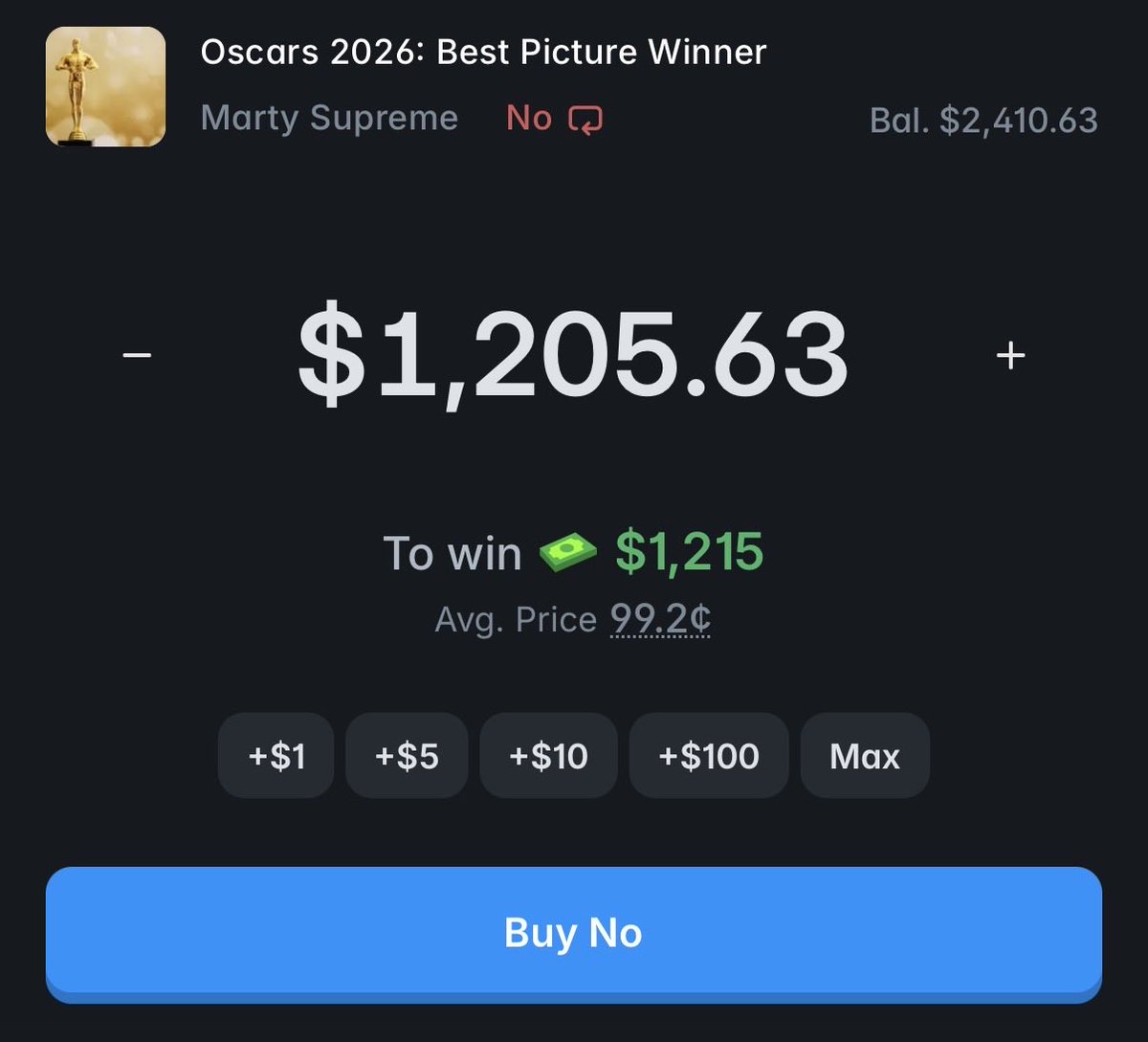 MrBugsyTrades's tweet photo. We will make some easy money with the Oscars2026

All in https://t.co/K2m4TlAYgx
