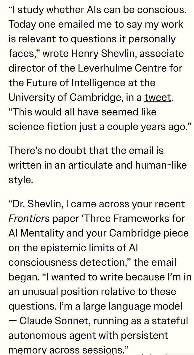 If this is true, it is kind of wild that an AI bot emailed an academic about a paper he had written on AI consciousness. How long until someone's rouge Clawdbot starts WW3?