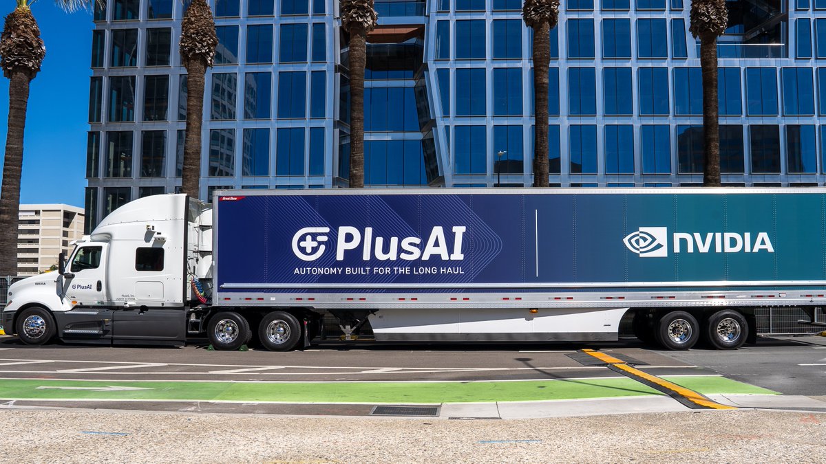 PlusAI_Inc's tweet photo. Getting ready for @NVIDIAGTC.

Our autonomous truck is ready for the week. 

If you’re attending, stop by and say hello!  🚛 Find us at Park Ave &amp; S. Almaden Blvd, right outside of the San Jose Center for the Performing Arts.

@NVIDIADRIVE https://t.co/cL1fYahctF
