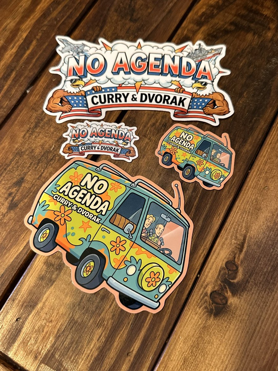 TerryDa03032325's tweet photo. Another @NoAgendaShop decal drop arrived in the mail. Where should place these? @adamcurry #noagendapodcast 
#goodstuff #inthemorning https://t.co/inZn9HA0gj