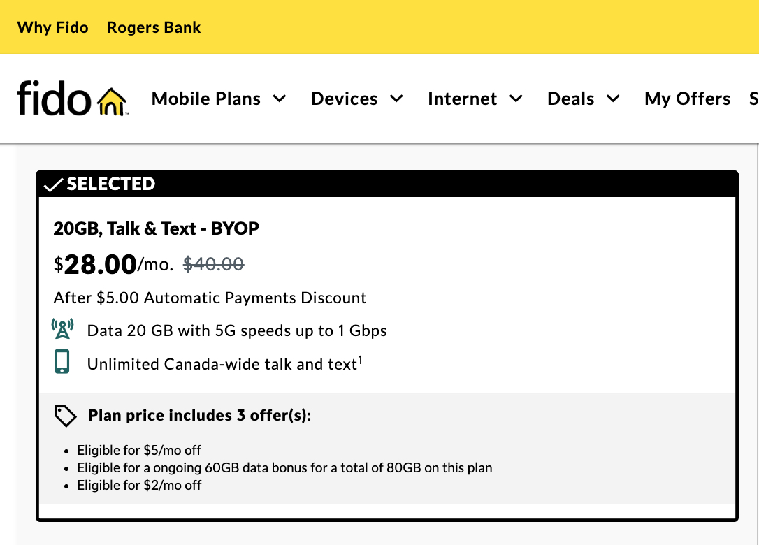ltylr_'s tweet photo. @FidoSolutions I'm trying to upgrade my plan from basic. In my account there's an offer of "10GB, Talk &amp; Text - BYOP" for $24. When I click continue I get "20GB, Talk &amp; Text" for $28. I don't want 20GB. I can get 10GB on Fizz for $20.25. https://t.co/56rD4ADQCI