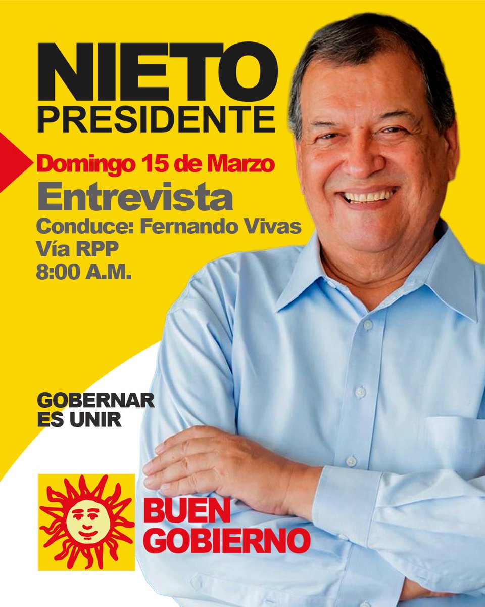 BuenGobiernoPe's tweet photo. #CocoEnEntrevista🔴🟡
Este domingo, nuestro presidente Jorge Nieto estará en entrevista en RPP.
¡Una conversación necesaria para el Perú que podemos construir!
Porque gobernar es unir y todos merecemos un #BuenGobierno
#BuenGobierno #GobernarEsUnir #JorgeNieto #MarcaElSol https://t.co/9CIrhxGkI1