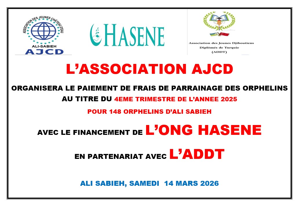ajcd23's tweet photo. 148 orphelins d’Ali Sabieh, Dasbiyo, Ali Addeh et Assamo ont reçu leur parrainage (T4-2025) le 14 mars au siège de l’AJCD.
Action financée par HASENE avec le partenariat d’ADDT.
Une aide précieuse à quelques jours de l’Eid Al-Fitr.
#Solidarité #Orphelins https://t.co/3YzY42pnzk