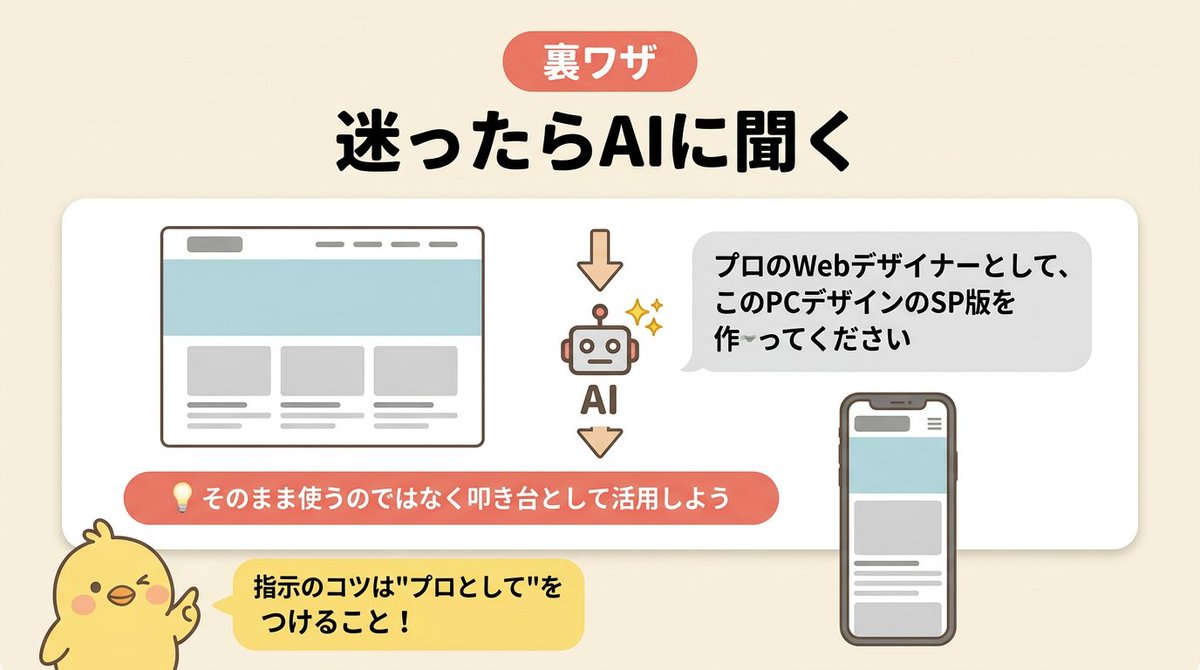 tsurupiyooo's tweet photo. PCデザインのみでスマホはよしなに対応。

コーダーが実務で結構出会う場面だけど、最初は毎回「どう組んだらいいんだろ…」って悩んでた🫠

でもよくあるレイアウト変換ってパターンがあるから、それを覚えたらあんまり迷わなくなったんだよね💡

あとclamp()はこういう時よく使うから、これも覚えておくと超便利✨

パターン知ってれば怖くなくなる🤝
図解にまとめたからチェックしてみてね🤍