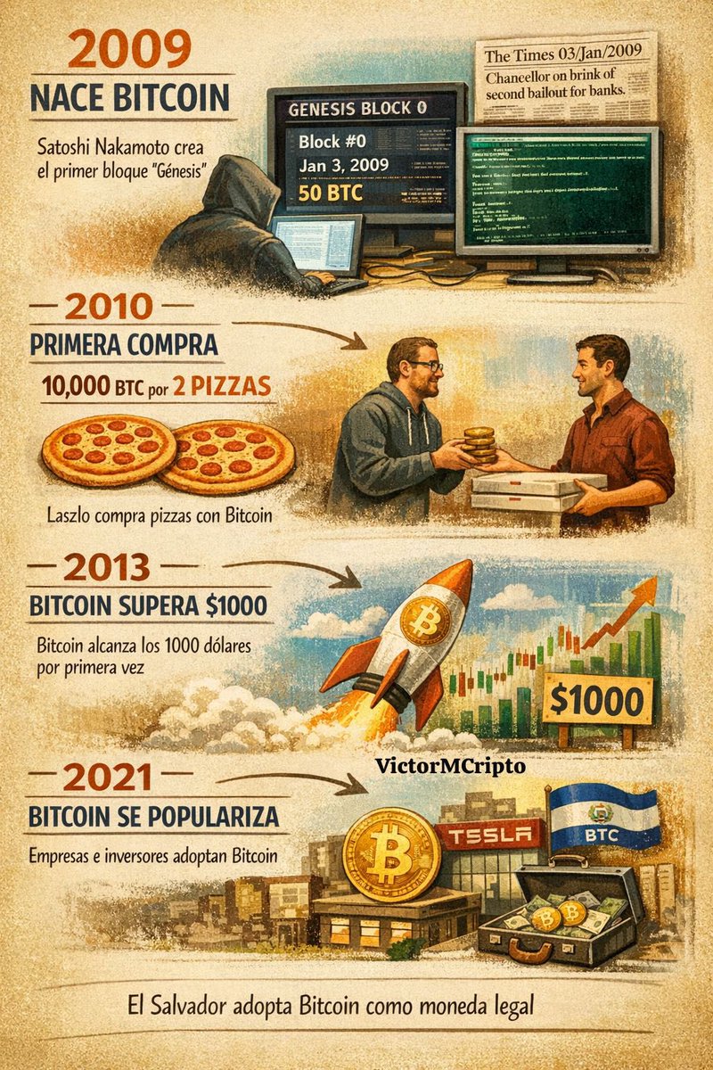VicBitcoin6's tweet photo. 1.Bitcoin nació en 2008 cuando una persona o grupo bajo el nombre de Satoshi Nakamoto publicó el documento técnico que explicaba una moneda digital descentralizada.
2.El 3 de enero de 2009 se creó el primer bloque de la red llamado Genesis Block, dando inicio al sistema de Bitcoin.
3.Bitcoin fue diseñado como dinero digital sin bancos ni intermediarios, funcionando en una red llamada blockchain.
4.En sus primeros años solo lo utilizaban programadores y entusiastas de la tecnología.
5.En 2010 ocurrió la primera compra real con Bitcoin cuando Laszlo Hanyecz pagó 10,000 BTC por dos pizzas, un hecho histórico conocido como Bitcoin Pizza Day.
6.Entre 2011 y 2013 comenzó a ganar popularidad y su precio superó por primera vez los 1000 dólares.
7.Con el tiempo surgieron exchanges, billeteras digitales y empresas que comenzaron a aceptar Bitcoin como medio de pago.
8.En 2017 Bitcoin alcanzó fama mundial al llegar cerca de los 20,000 dólares, atrayendo inversionistas de todo el mundo.
9.Durante los años siguientes crecieron la infraestructura, la seguridad y la adopción institucional.
10.En 2021 el país de El Salvador se convirtió en el primer país en adoptar Bitcoin como moneda de curso legal.
11.Ese mismo año empresas como Tesla y grandes fondos comenzaron a invertir en Bitcoin.
12.Bitcoin pasó a ser visto no solo como dinero digital sino como reserva de valor, similar al oro digital.
https://t.co/w6hNOTrO6V red se fortaleció con tecnologías como Lightning Network, que permite pagos rápidos y baratos.
14.Para 2024–2025 los ETF de Bitcoin facilitaron que inversionistas tradicionales pudieran invertir desde los mercados financieros.
15.Para 2026 Bitcoin es considerado uno de los activos digitales más importantes del mundo, con millones de usuarios y una emisión limitada de 21 millones de monedas, lo que refuerza su escasez.