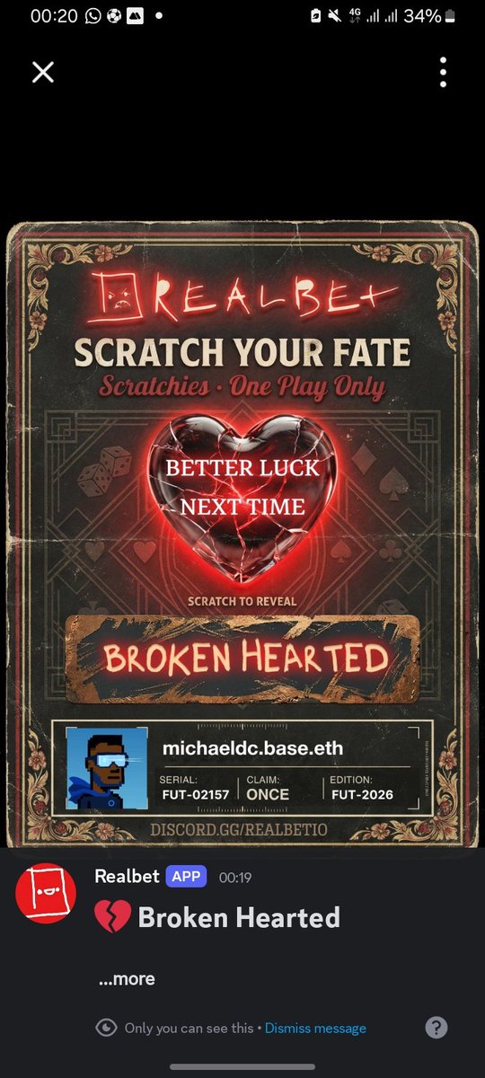 DaSonicETH's tweet photo. Outcome: Broken Hearted on @RealBet 💔
Still early. Still inside.

Scratchie in https://t.co/Ytv1eHJG5J https://t.co/Xwmk9tjUL0