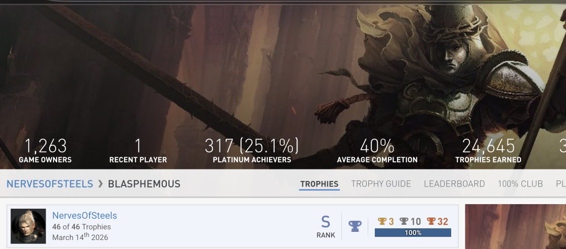 NervesofSteel11's tweet photo. The Blasphemous 1 platinum is criminal man! I enjoyed the challenge though. Encountered over 40 bugs on the journey, it’s enough to make someone go mad. Still a great game. 
#thegamekitchen #platinumtrophy
#blasphemous #PlayStationTrophy #playstation #GamingCommunity https://t.co/lPCmKNWlpA