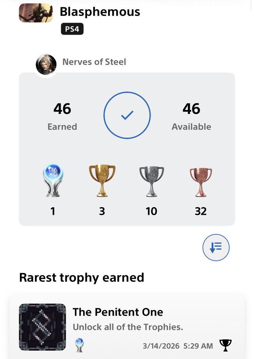 NervesofSteel11's tweet photo. The Blasphemous 1 platinum is criminal man! I enjoyed the challenge though. Encountered over 40 bugs on the journey, it’s enough to make someone go mad. Still a great game. 
#thegamekitchen #platinumtrophy
#blasphemous #PlayStationTrophy #playstation #GamingCommunity https://t.co/lPCmKNWlpA
