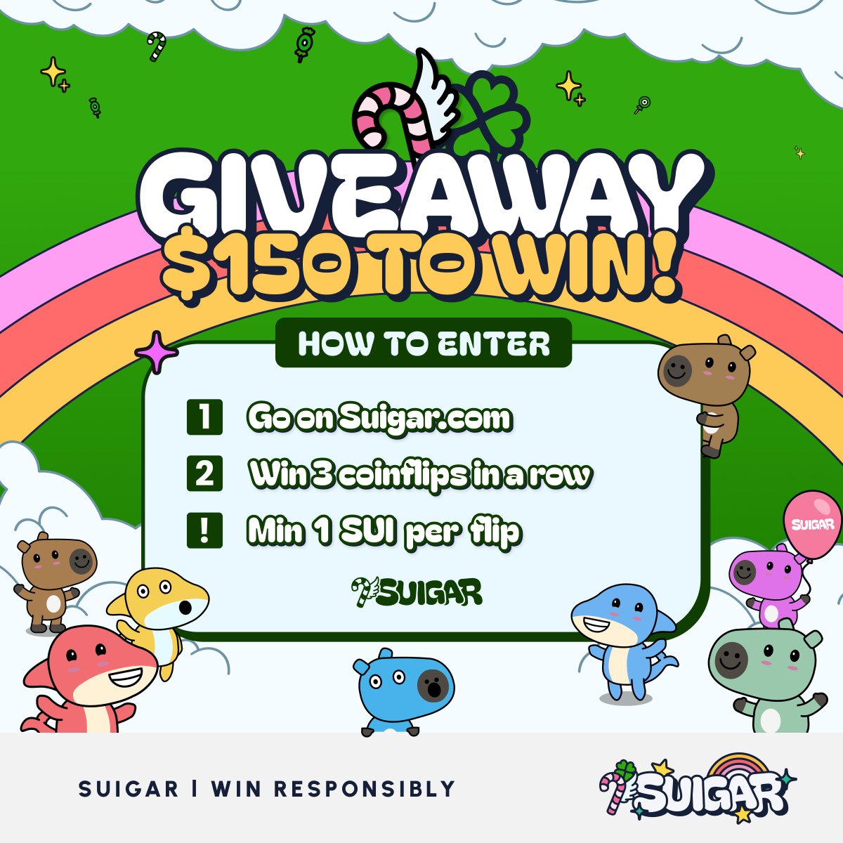 Suigar_com's tweet photo. 🍀 Suigar Giveaway for St. Patrick's Day! 🍀

Suigar turns green! 
$150 to win from March 14 to March 18 💰

Stack tickets &amp; chase the pot o' gold 🌈

How to enter:
1⃣ Go on 👉 https://t.co/QG8YKO6d0p
2⃣ Win 3 coinflips in a row (min 1 SUI per flip) = 1 ticket 🎟️

(1/3) https://t.co/miKviVRr7J