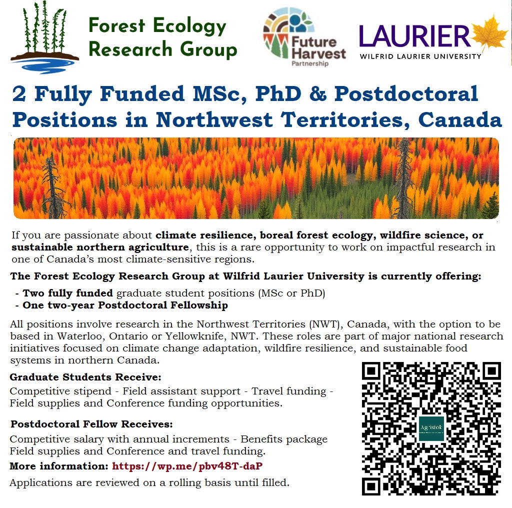 agristok's tweet photo. 2 Fully Funded MSc, PhD &amp; Postdoctoral Positions in Northwest Territories, Canada, See details at: https://t.co/7R89a0pUS5 https://t.co/vaJkaaUEVZ