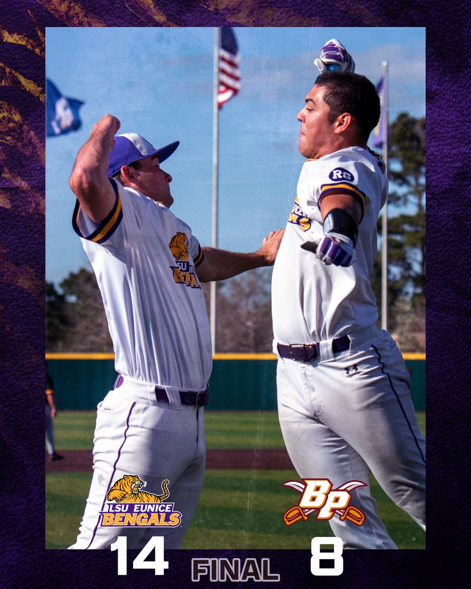 LSU Eunice takes flight in game two, knocking three home runs in a 14-8 win over Bossier Parish.  Jordan Luna knocks a solo homer, while Milo Obradovich and Jake Smith each smash three run bombs.

#DDCS
#GeauxBengals