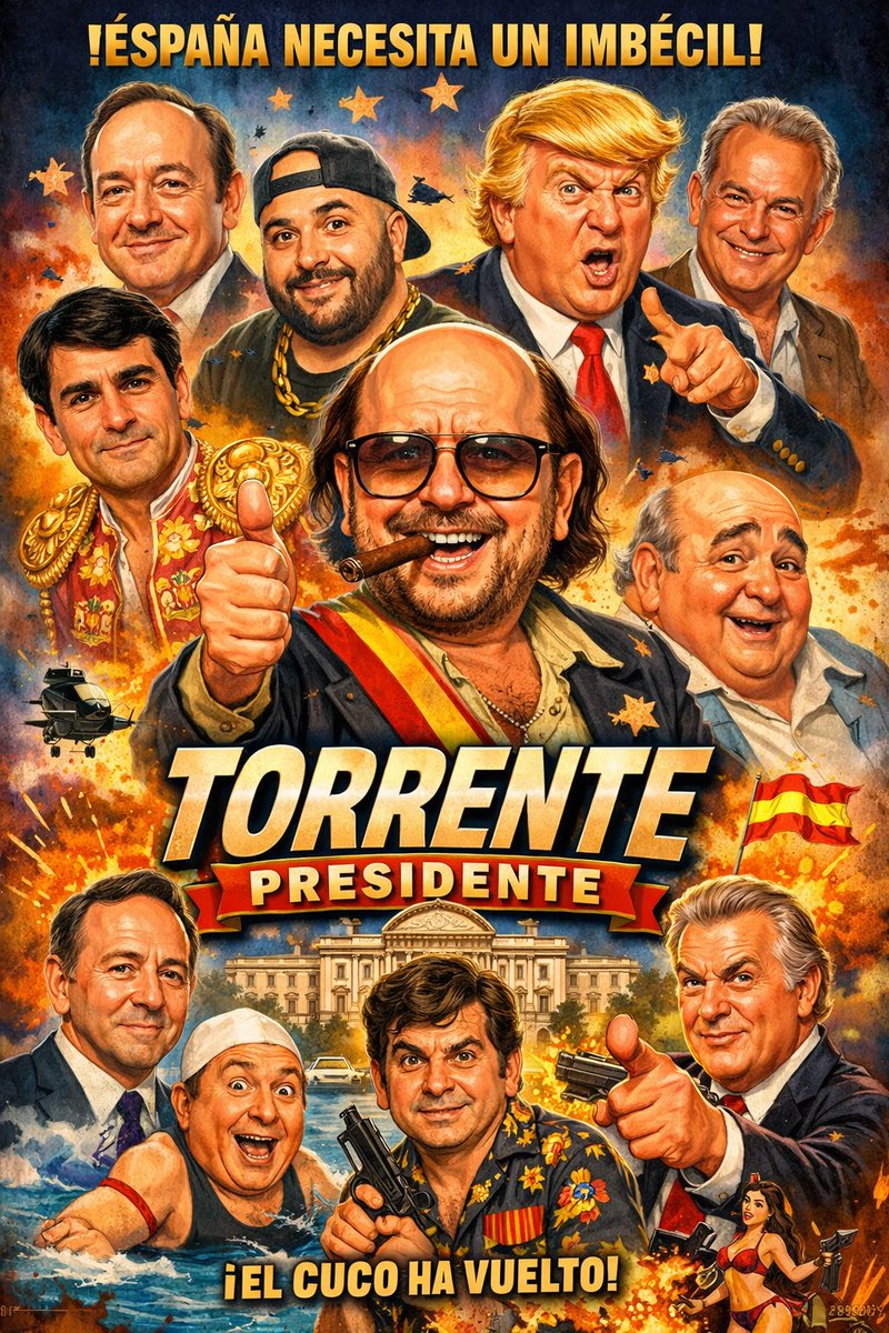 _albertt_'s tweet photo. @SSantiagosegura le he contado un poco a chatgpt lo que me ha parecido Torrente Presidente, y que creara una imagen tipo cartel de cine con toda esa opinión, y me ha creado esto: 
PD: enhorabuena, lo siento por los haters 🙂 https://t.co/5gYTsKq8fU
