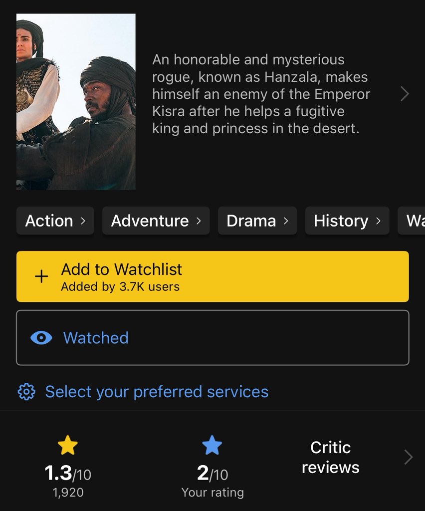 سابقة تاريخيه فيلم Desert Warrior يصل الى تقييم 1/10 

هخخخخ بضحك اذا وصل 0.9/10