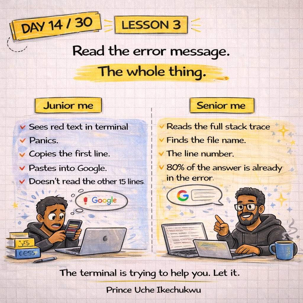 iamPurch's tweet photo. The tech changes. The fundamentals don’t. Frameworks die. Problem-solving, system design, and clear thinking stay forever.

5+ years in and I’m still learning. But these 6 lessons? I wish someone told me on day one.

#30DaysChallenge26 #D30CC #juniordeveloper #seniordevelopers https://t.co/c4AxsQPbwk