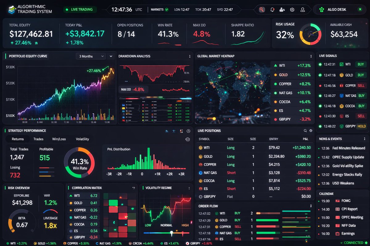 IllimarM's tweet photo. For the past months I have been working with AI tools to develop algorithmic breakout strategies for a 5-min timeframe. My focus is high-momentum instruments like Gold, Silver, Copper, NatGas, WTI, Nasdaq100 and Cocoa.

The strategies have now been backtested and optimized.

The past week I am working to create a real-time dashboard for the strategies. 

Note that I have no prior programming or design experience. If I can do it, so can you!