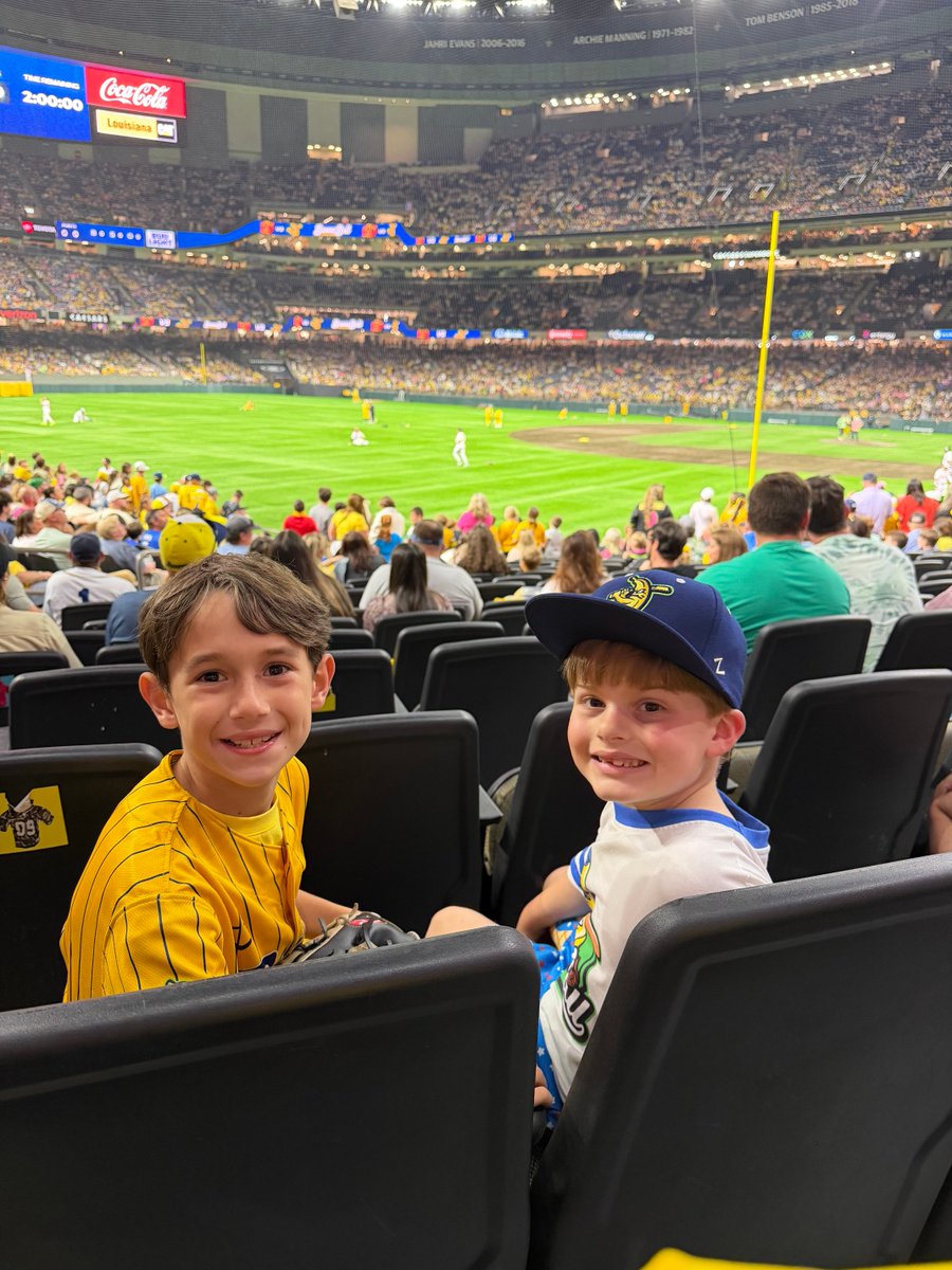 JosephRaspanti's tweet photo. My grandson Kane Raspanti and his buddy Lane at Savannah Banana game.. been a long time since baseball has been played in the Dome…need to get a preseason UNO/Tulane/LSU series like the old days https://t.co/pUaSjQwiok