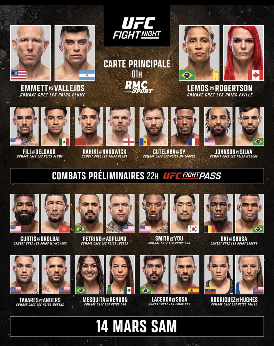 MmaFrance375955's tweet image. Stream combat de MMA 🥊

UFC 🥊

🇺🇸 Emmett 🆚 Vallejos 🇦🇷

🇲🇦 Rahiki 🆚 Hardwick 🏴󠁧󠁢󠁥󠁮󠁧󠁿

🇲🇩 Cutelaba 🆚 Oumar Sy 🇫🇷

LIEN EN BIO 
LIEN Vallejos EN BIO
LIEN Rahiki EN BIO 
LIEN Oumar Sy EN BIO
Lien Telegram en bio 
Lien ufc en bio 

#mma_france
