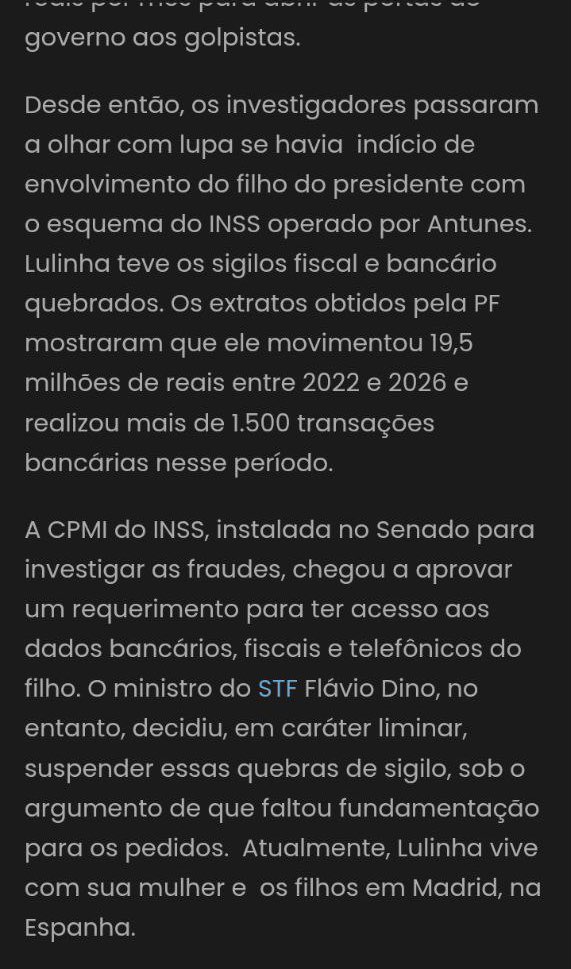 Trechos da Matéria apagada da REVISTA VEJA

Sobre o Presidente do Brasil, o Lulinha.