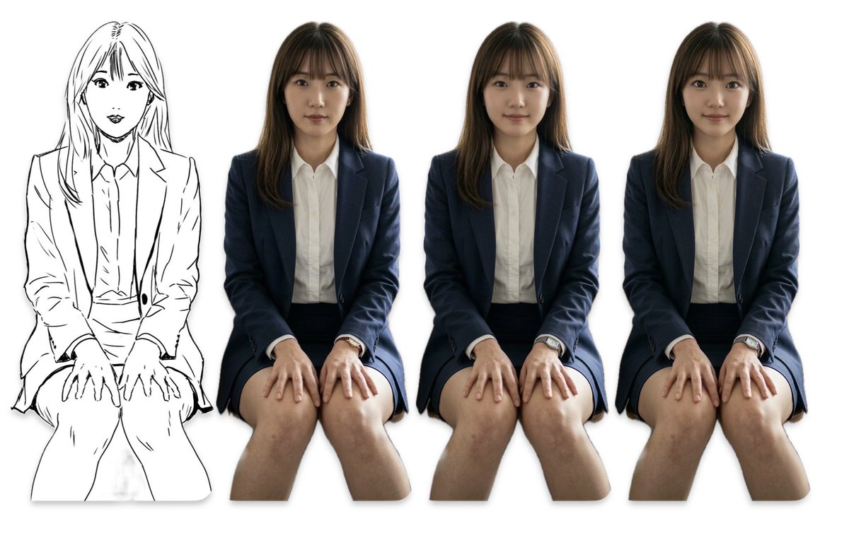 AIran_2nd's tweet photo. Geminiでスケッチからリアル女性に変換してもらった���さて右→への変化はどう指示したか分かるかな。普通の言葉だけどね。でもベース同じだから家族写真みたいだな。 https://t.co/hrJweAYvPj