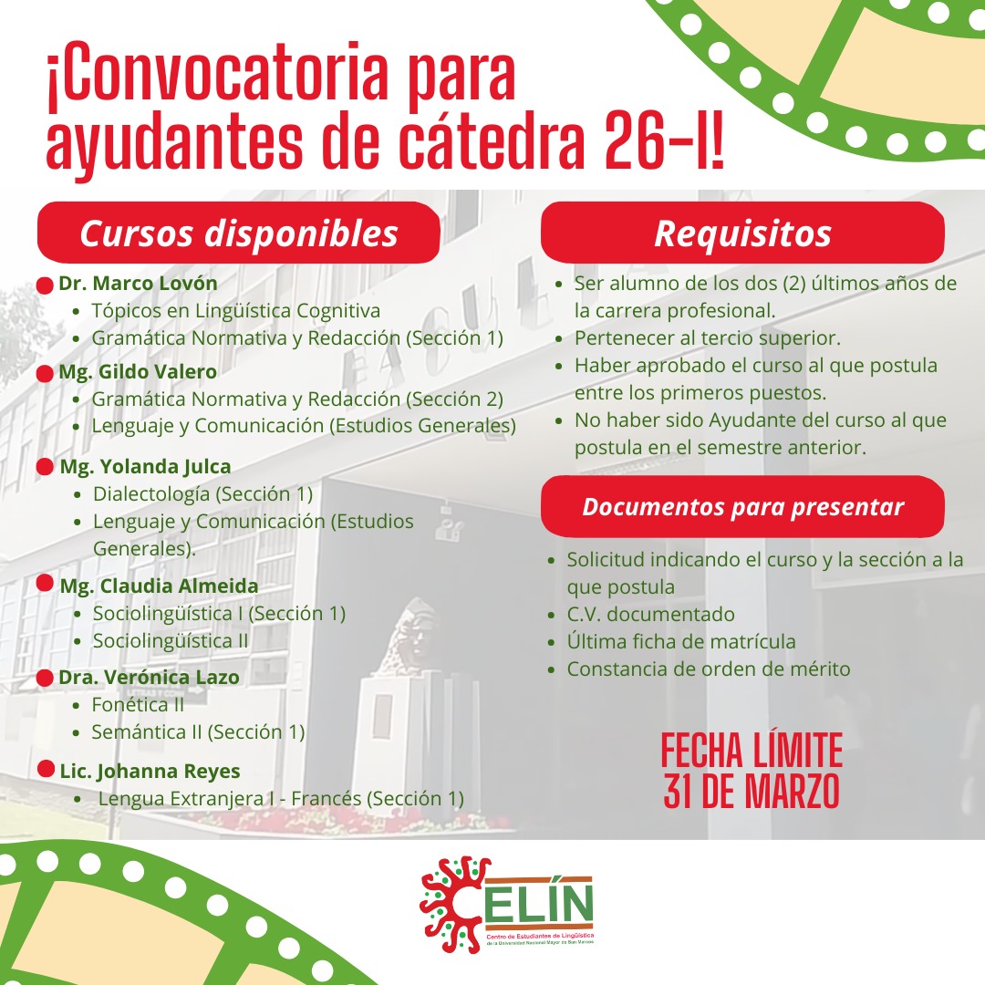 celin_unmsm's tweet photo. 📍 #CelínComunica
🔔 Convocatoria Ayudantes de Cátedra 2026-I
📧 Envía tu postulación a: eplinguistica.letras@unmsm.edu.pe🗓️ Hasta: 31 de marzo
Revisa cursos y requisitos en el flyer 👇
#Lingüística #UNMSM https://t.co/o8sv9rBoDc