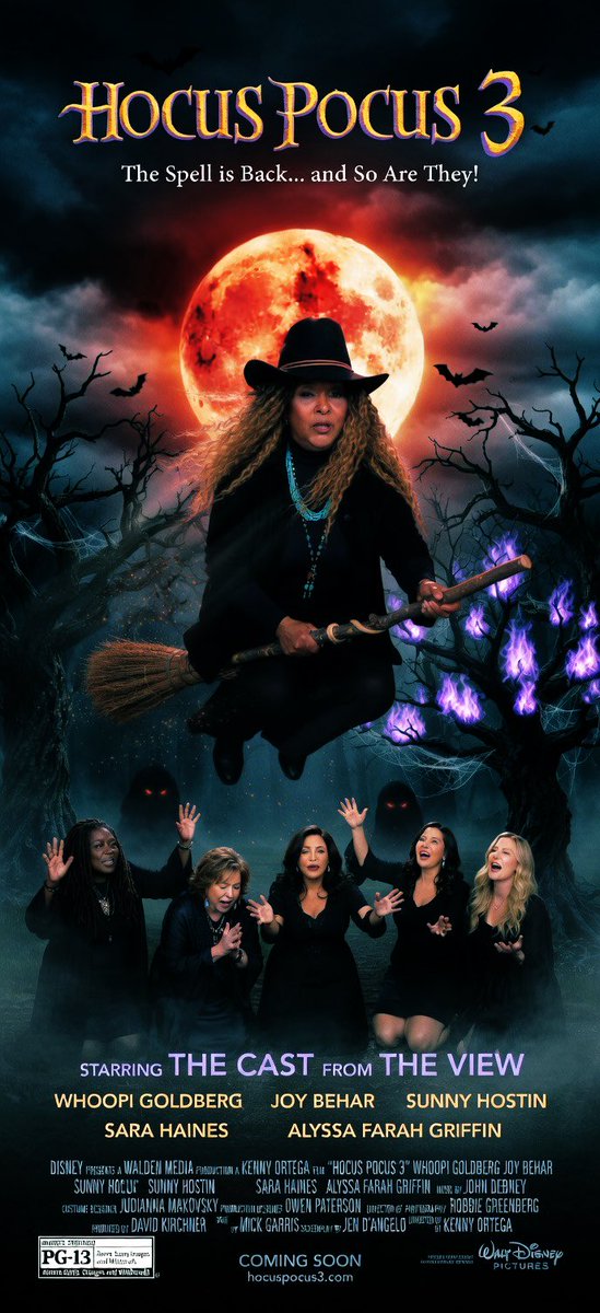 GnarlyMob's tweet photo. @BasedBandita Hocus Pocus 3 budget cuts so bad they just hired The View cast and called it a day. She be flying in like ‘I smell children… and ratings’ 💀🌕 https://t.co/TIrLVerNCg