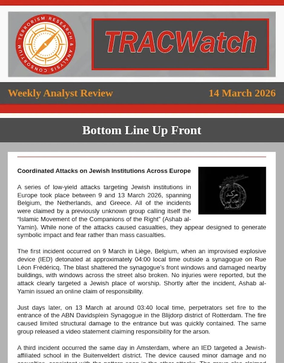 TracTerrorism's tweet image. TRACWatch Weekly Analyst Review – 14 Mar 2026
⚠️ #Jewish institutions targeted across Europe
⚠️ #ISCA massacres civilians &amp;amp; attacks #Chinese mine in #Congo (DR)
⚠️ Political assassination in #Mexico
⚠️ Al-#Shabaab targets international base in #Somalia
Read here: Email