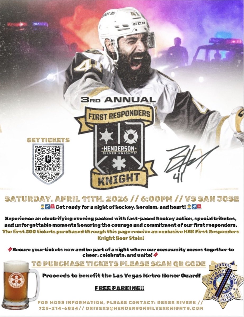 LVHonorGuard's tweet photo. 🥅🏒🚨🚔🚒
Almost time for First Responders Knight with the HSK. Come early to see a big display of first responder vehicles in the tilt yard. 
🍺🍻
1st 300 tickets purchased will receive a free beer stein 
🎟️
Use the QR code or this link for tickets:

https://t.co/wR9NpFcPCR https://t.co/Y99r6MdPDs