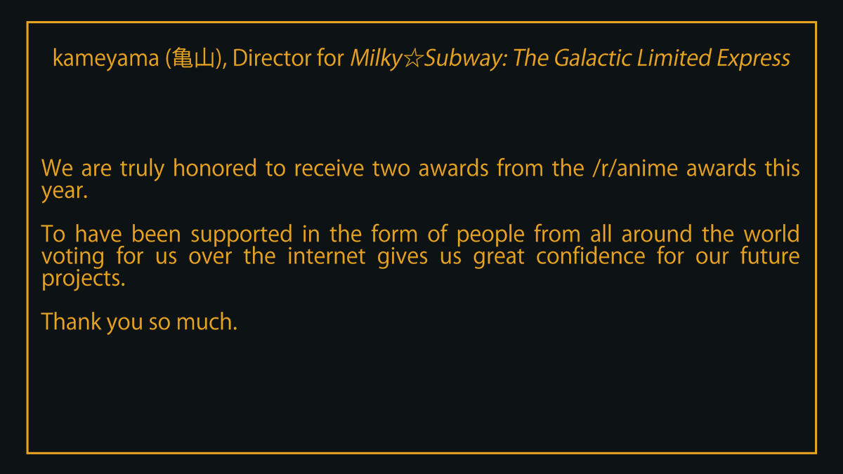 ranime_awards's tweet photo. Congratulations to the staff of “Milky☆Subway: The Galactic Limited Express” which won 2  categories! Director Kameyama sent us a comment for Milky Subway winning best Character Design and Ensemble.
#MilkySubway #AnimeAwards https://t.co/uPOgncJocP