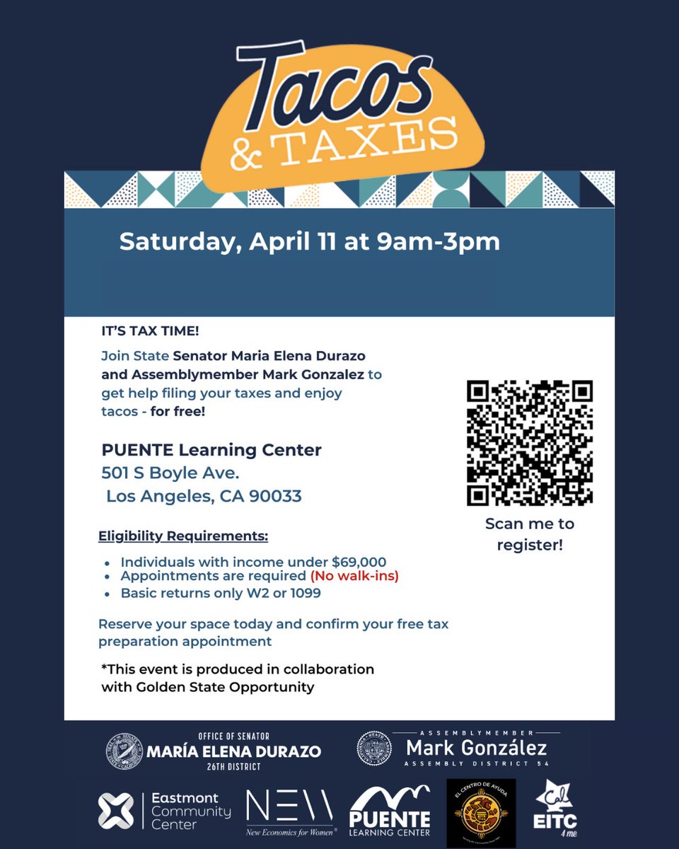SenMariaDurazo's tweet photo. Need to file your taxes? We've got you covered - with free tacos too!🌮
Join my office, @asmmarkgonzalez, and our partners on Saturday, April 11 from 9AM–3PM for free tax prep assistance.
Scan the QR code to register! https://t.co/Z3spVpl2Cg