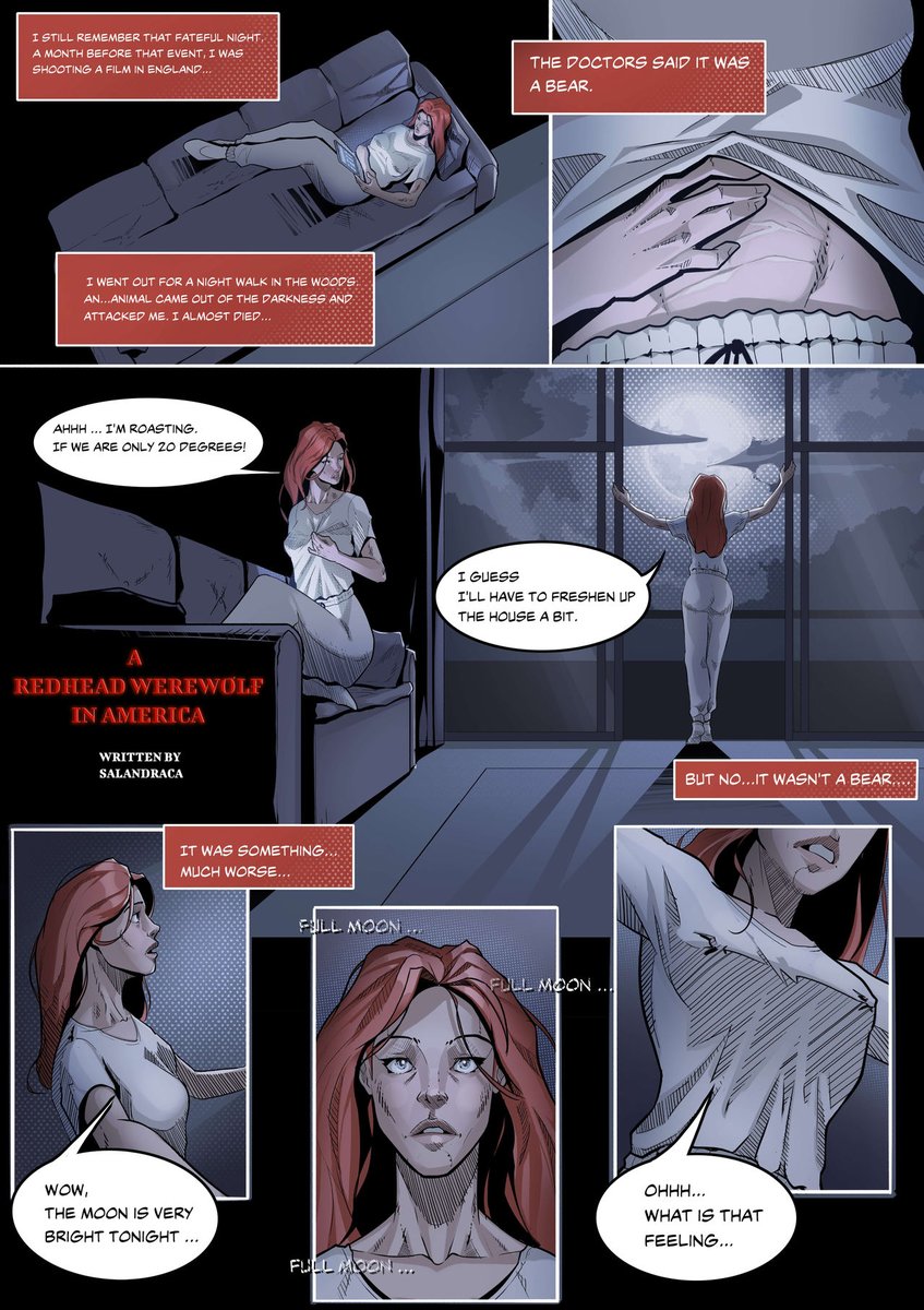 SalandracaComic's tweet photo. I wrote this comic quite a while ago and forgot to share it here. Based on a certain movie that everyone knows, I wanted to create a female version of a werewolf. The artist is Mhoffart.#werewolf #wolfwoman #transformation #musclegrowth
https://t.co/JOH3Oei1Iz https://t.co/iFU4paKCnb
