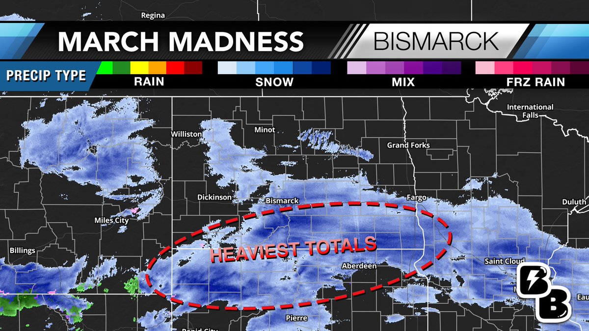We've downgraded snow totals as high pressure dominates north and the heavier snow bands occuring along and south of the ND/SD border. Our snow-mascot, Six Inch Sammy, has lowered his flag to a 2-4 incher now for the Bismarck area.