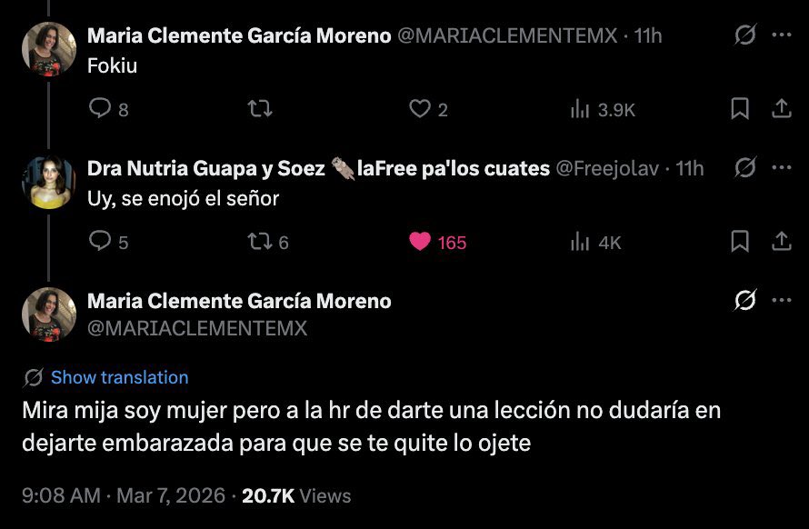 ArturoVill7's tweet photo. El señor María Clemente García Moreno amenazó a una usuaria de X, prácticamente insinuando que la abusaría y la dejaría embarazada.

¿A qué hora salen a condenar esto Citlalli Hernández, Claudia Sheinbaum y Luisa María Alcalde?

Porque cuando la violencia viene de los suyos… curiosamente el silencio es absoluto.