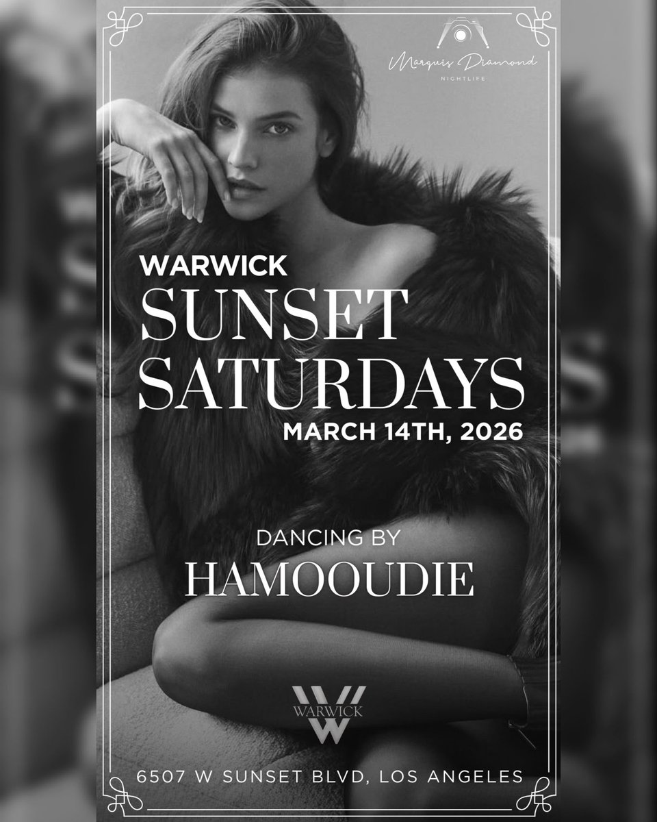 SecretSundayz's tweet photo. 🚨SUNSET SATURDAYZ AT WARWICK🚨 

WARWICK• @warwick_la 
⏰ 10:30pm
6507 Sunset Blvd
MUSIC 🎼 HIP HOP, RnB, AFRO BEATS, REGGAETON
“
“

TABLE SPECIALS AVAILABLE
Text 323.617.8395
MARQUIS DIAMOND LIST
“
#WarwickLA
#Warwick
#SunsetSaturdays
#HollywoodNightlife
#MarquisDiamondList https://t.co/KjHRUc41nt