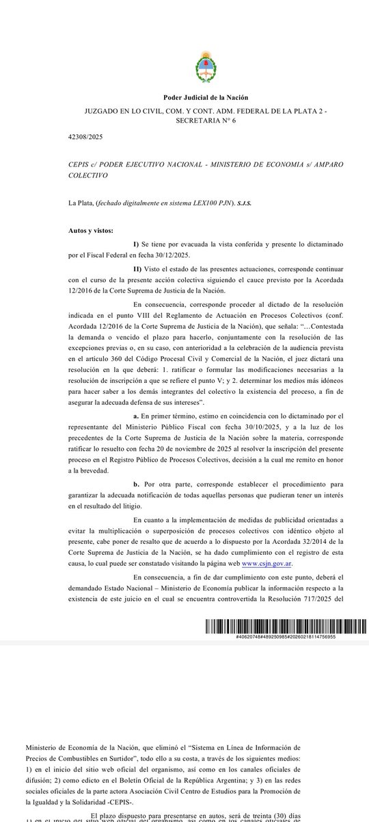 cepisOK's tweet photo. En virtud de lo resuelto en "CEPIS C/ PODER EJECUTIVO NACIONAL - MINISTERIO DE ECONOMIA S/ AMPARO COLECTIVO" En trámite ante JUZGADO EN LO CIVIL Y COM. Y CONT. Y ADM. FEDERAL DE LA PLATA 2 - SECRETARIA 6, se informa: https://t.co/jTaeD3Bsq2