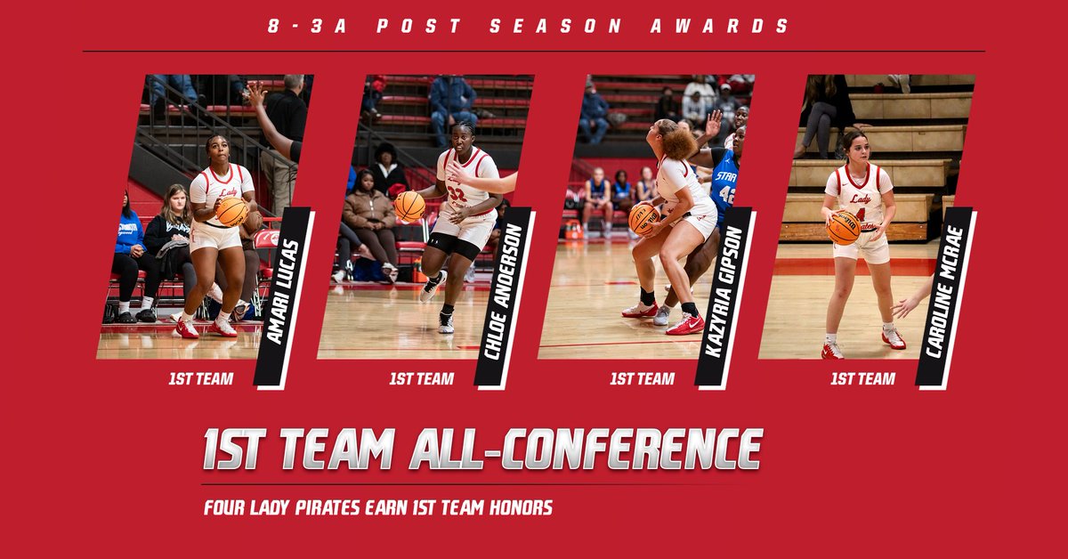 LPBbaby's tweet photo. Four Lady Pirates named to the 8-3A All-Conference 1st Team! Amari Lucas, Chloe Anderson, Kazyria Gipson, and Caroline McRae - you've made us all proud with your outstanding play and dedication! https://t.co/DzZ1pBCKFY