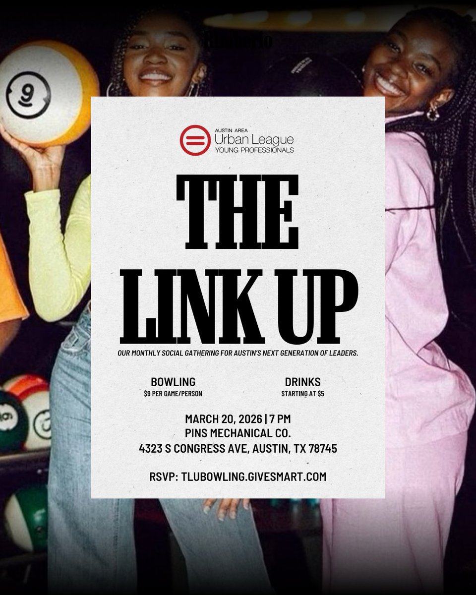 AAULYP's tweet photo. Austin YPs — we're bowling 🎳 at The Link Up, Austin's next-gen leaders social.📍 Pins Mechanical📅 March 20 | 7PM Network without awkward small talk. RSVP: https://t.co/MIz4YA7iNA #AustinYP #ATXEvents #AustinNetworking #BlackProfessionals #LinkUpATX #AAULYP https://t.co/6Lws2Rj8zY
