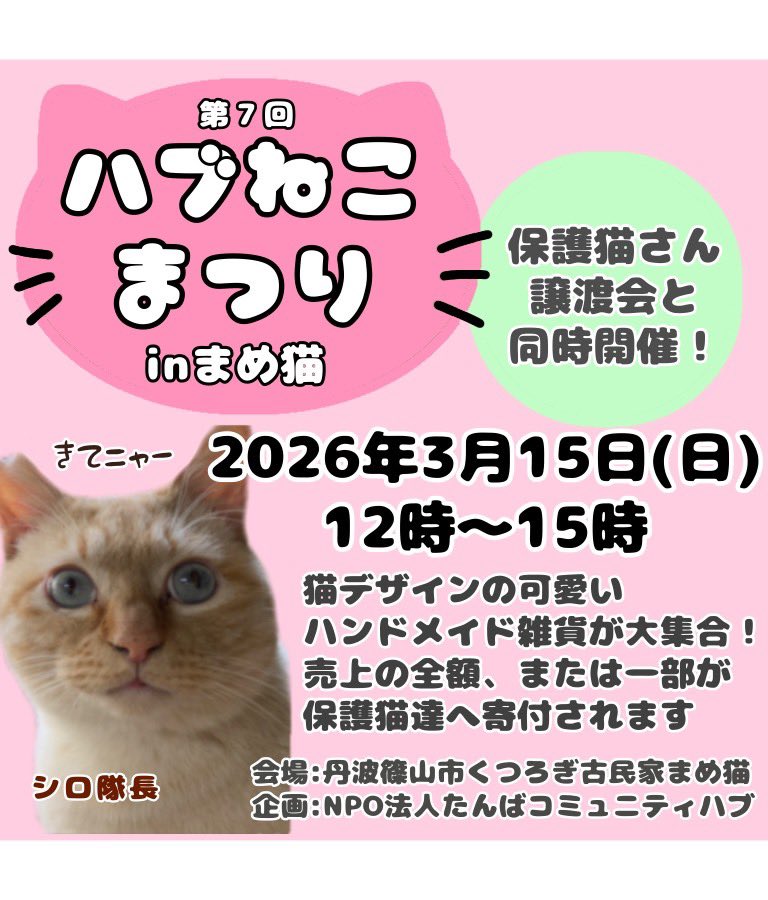 本日3/15(日)12:00〜15:00
丹波篠山市猫カフェまめ猫さんにて
保護ネコ譲渡会、チャリティーバザーを開催いたします❣️
ぜひご来場お待ちしております😸
<a href="/mameneko_cafe/">くつろぎ古民家まめ猫</a>