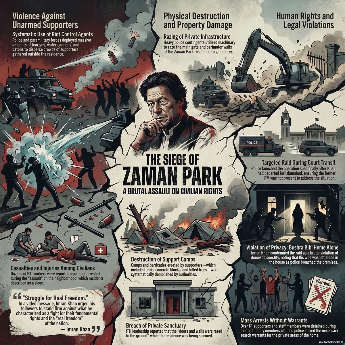 PTIofficial's tweet photo. Three years on, The Siege of Zaman Park remains a turning point when Pakistan's political, social, and moral norms were uprooted and discarded by a military dictator.

From brutal and disproportionate violence against unarmed citizens, deliberate destruction of property, the breach of private sanctuary, and the invasion of homes has been made the new normal by a fascist regime.

#AsimLaw #DDA #PakistanUnderFascism