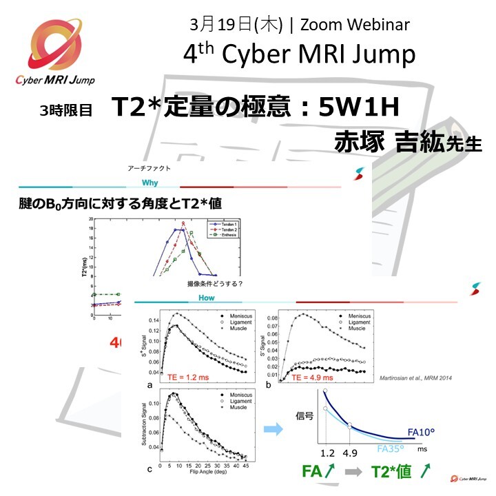 JumpMRI's tweet photo. 第3弾：スライドをちょい見せ👀（拡散🆗）
3時限目　
T2*定量の極意：5W1H
　赤塚 吉紘先生
専門的な知識をご教授いただきます☺️
↓参加登録はこちらから🧲
2026年3月19日（木）19時〜
https://t.co/DkTcocQ3dq https://t.co/IaPZPf4MBH