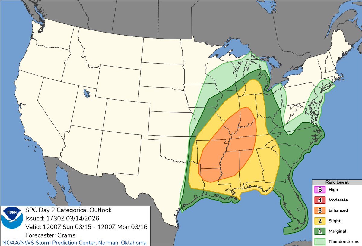 KailahGordon's tweet photo. Outlook for 3/15/26: 
A Level 3 severe threat is in place for much of MS with a Level 2 in place for the far southern part of the state. Tornadoes and damaging winds are the main threats. Timing looks to be Sunday evening into the overnight hours. More updates to come! https://t.co/xMcfBd4Nyq
