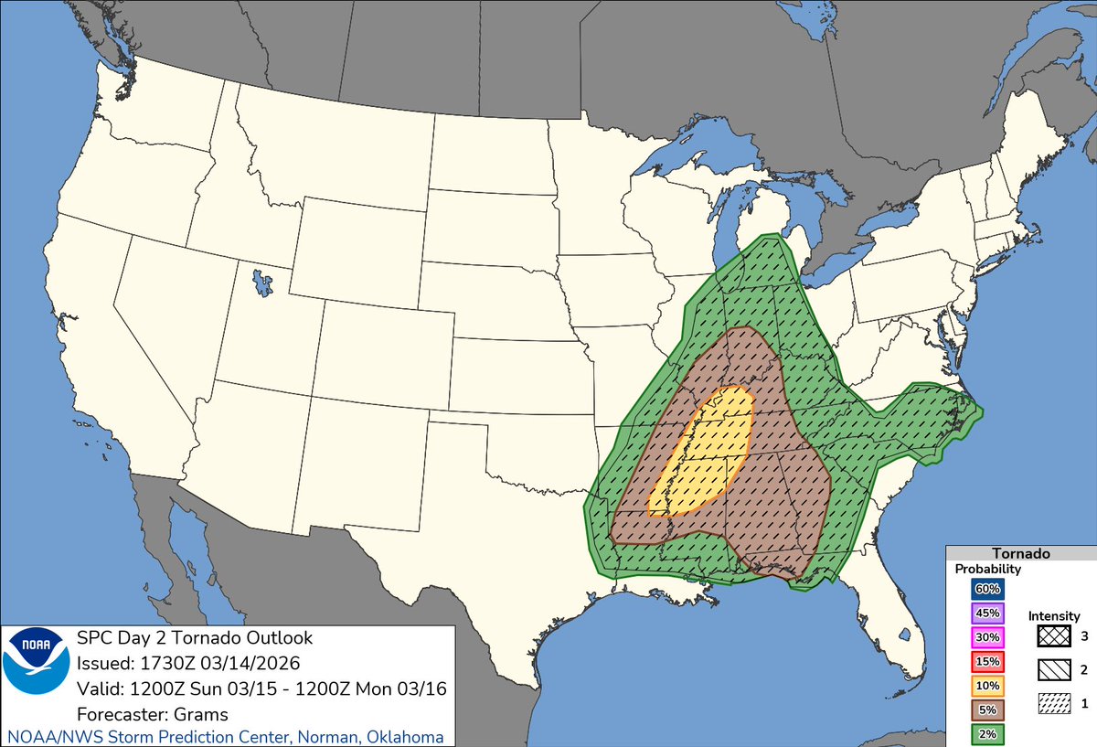 KailahGordon's tweet photo. Outlook for 3/15/26: 
A Level 3 severe threat is in place for much of MS with a Level 2 in place for the far southern part of the state. Tornadoes and damaging winds are the main threats. Timing looks to be Sunday evening into the overnight hours. More updates to come! https://t.co/xMcfBd4Nyq