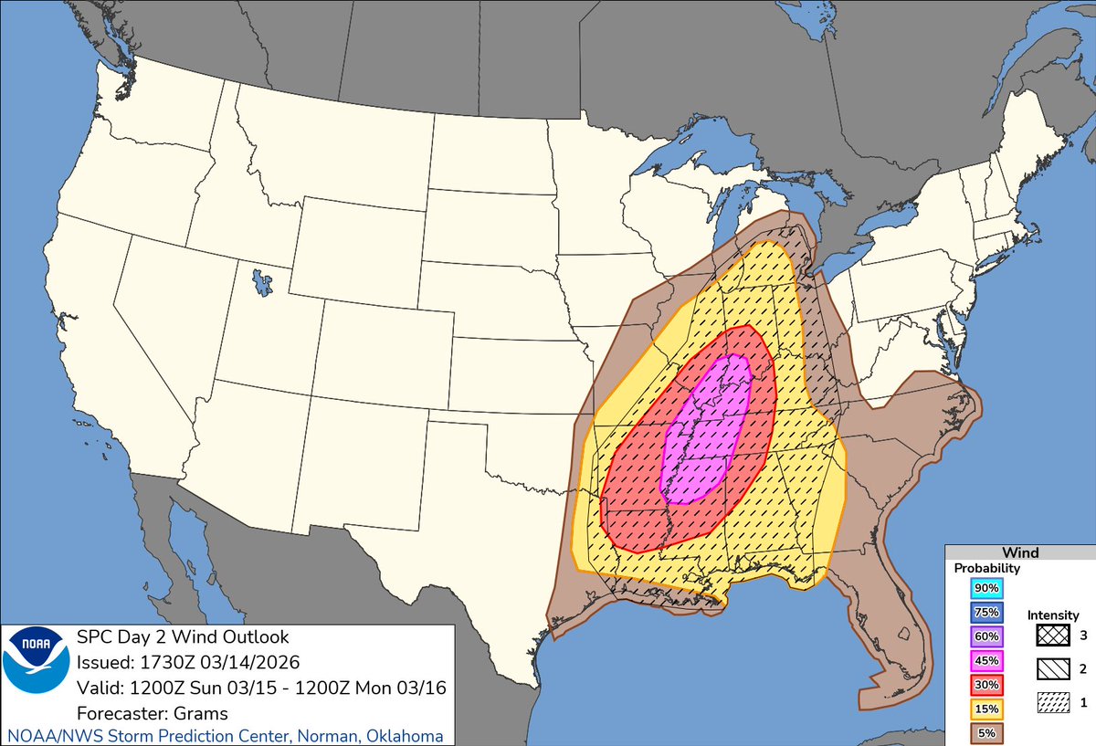 KailahGordon's tweet photo. Outlook for 3/15/26: 
A Level 3 severe threat is in place for much of MS with a Level 2 in place for the far southern part of the state. Tornadoes and damaging winds are the main threats. Timing looks to be Sunday evening into the overnight hours. More updates to come! https://t.co/xMcfBd4Nyq