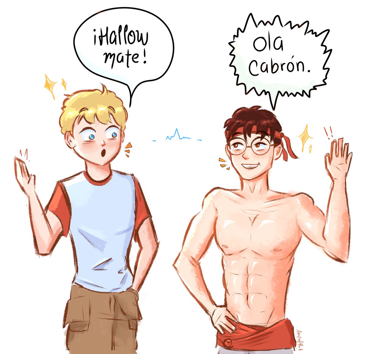 AnnaConDobleA's tweet photo. Fanart de dos "holas" en diferentes idiomas :D✨ #juancubito #juansguarnizo #qsmp2 #qsmp #fanart #tommyinit https://t.co/T0lfJhTdj0