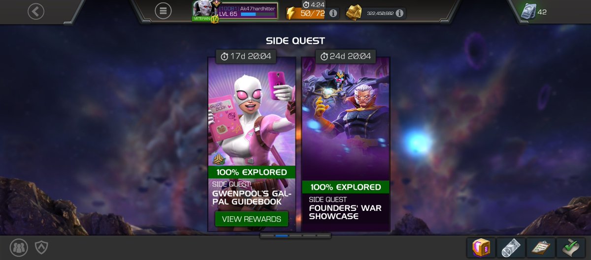 Just finished last thing to do side quest Gwenpools Gal Pal Guidebook 100% that was fun.

Carina challenge Grandmaster Carina ordeal challenge 100% week 1

AW showcase 100% Done 

6 Star Magik maxed out Vs Act 6 Grandmaster 1 shot video coming.

Goblin Army Event milestones