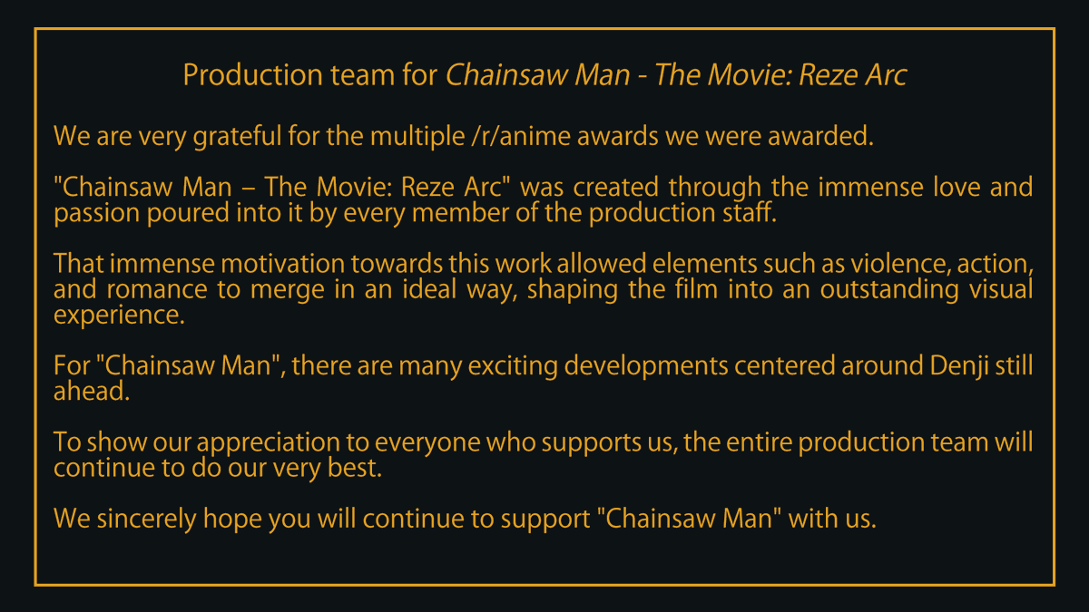 ranime_awards's tweet photo. Congratulations to the staff of “Chainsaw Man – The Movie: Reze Arc” which won 2 categories! We have gotten a comment from the production team for it winning best Action and best Movie.
#チェンソーマン #chainsawman #AnimeAwards https://t.co/r3Bk1A5Inz