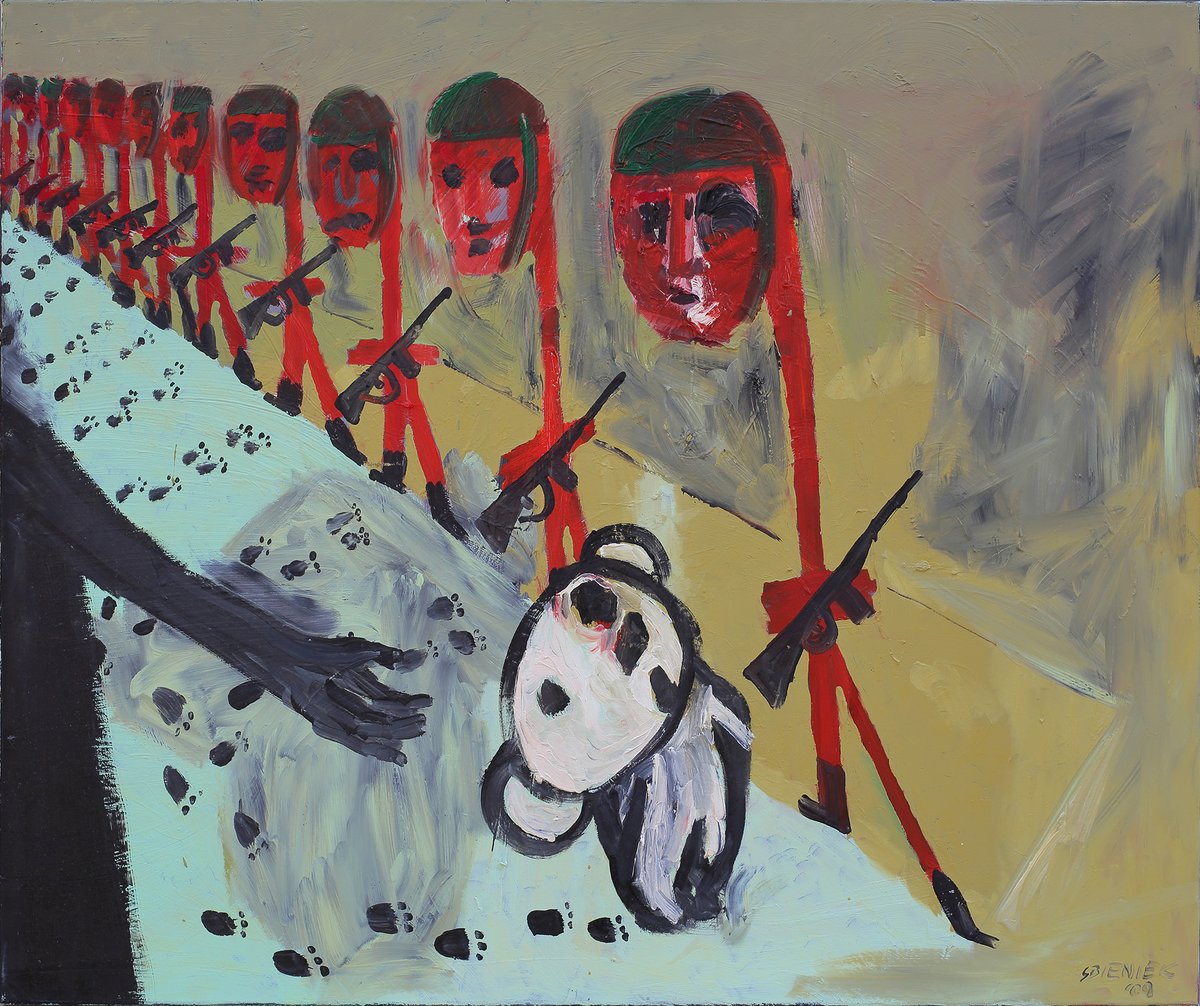 Anti-war painting: title: „War children“ or (this has to be read like a dialogue) „Are you my daddy? - What have said the other? - Maybe - Maybe“, 100 x 120 cm. Oil on canvas, 2009, by Sebastian Bieniek, from the famous bears series! 

More: sebastianbieniek.com/bears

#art #artist